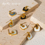 Fashion U-Shaped Earrings, 18K Gold Plated Stainless Steel Ear Jewelry, Drip Oil Natural Shell Stud Earrings