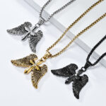 Retro Archangel Wing Cross Design Necklace Stainless Steel Punk Hip Hop Pendant for Men Wholesale