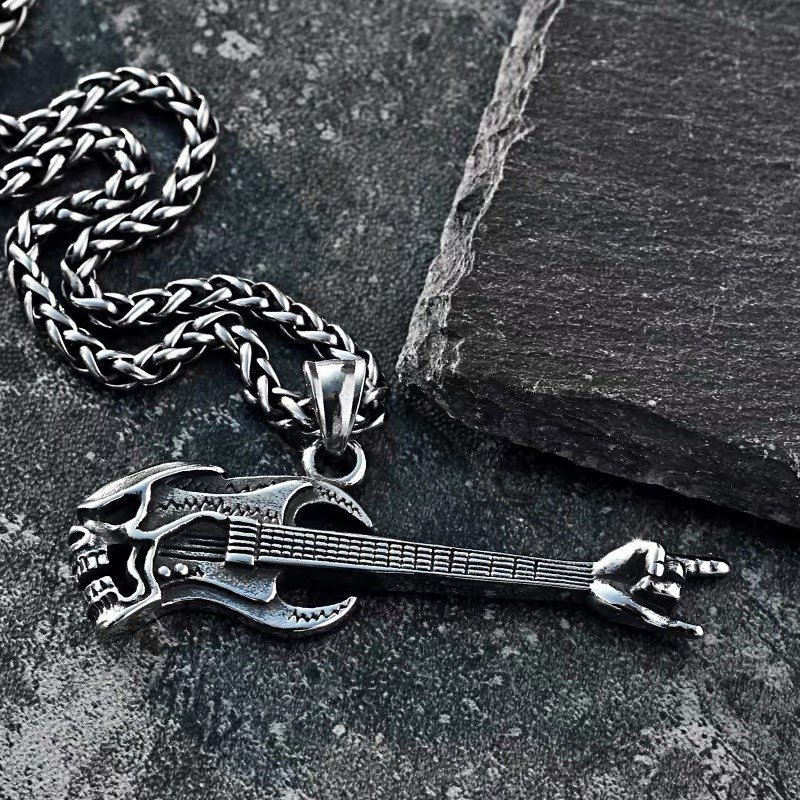 17797573660639486.jpg Hip Hop Skull Bass Guitar Pendant Necklace - Vintage Titanium Steel Music Instrument Jewelry - Image 1