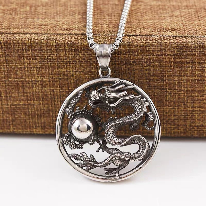 17797574667739356.jpg Retro Chinese Dragon Head Pendant Necklace - Punk Style Titanium Steel Men's Trend Jewelry - Image 1