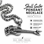 Hip Hop Skull Bass Guitar Pendant Necklace - Retro Music Instrument Stainless Steel Rock Jewelry for Students